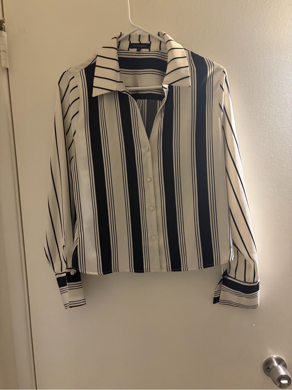 Pleione Black & White Vertical Stripe Button-Down Shirt